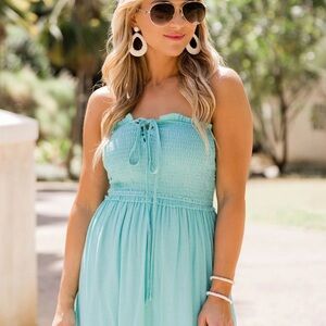 Aqua Blue Strapless/Halter Tiered Smocked Midi Dress